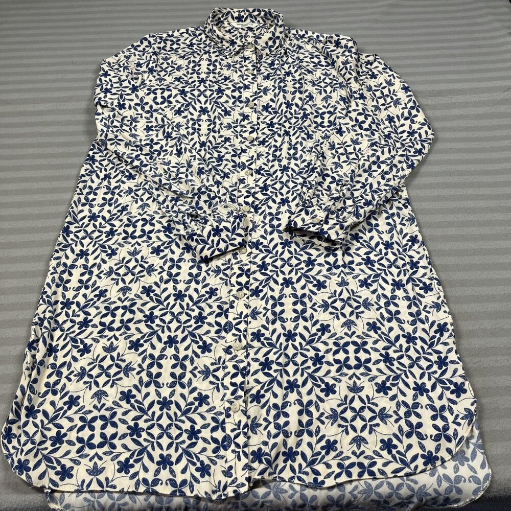 Marina Kaneva Shirt Dress Womens UK 16 White Blue Floral Button Long Sleeve